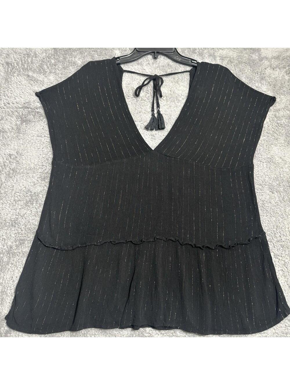 Xhilaration Babydoll Top Womens Large Black Gold Metallic Pinstripe Open Back L